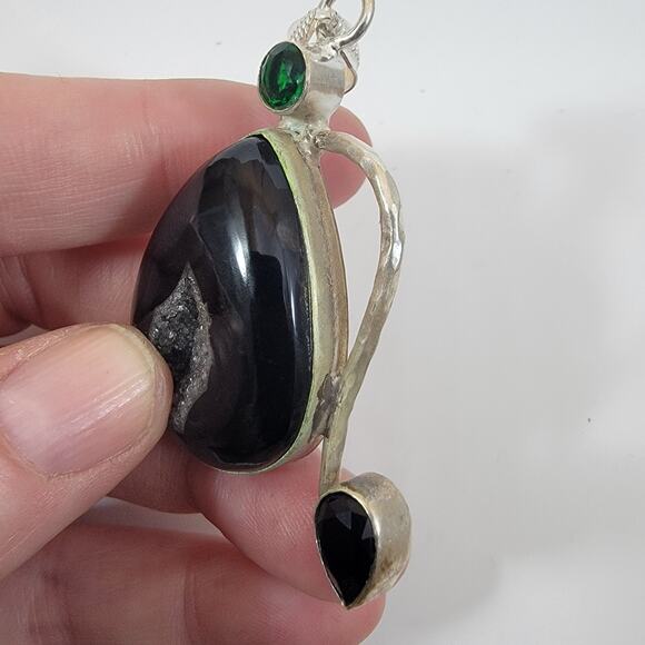 Handmade Silver Pendant with Black Druzy Agate, Onyx & Green Quartz - Picture 3 of 10